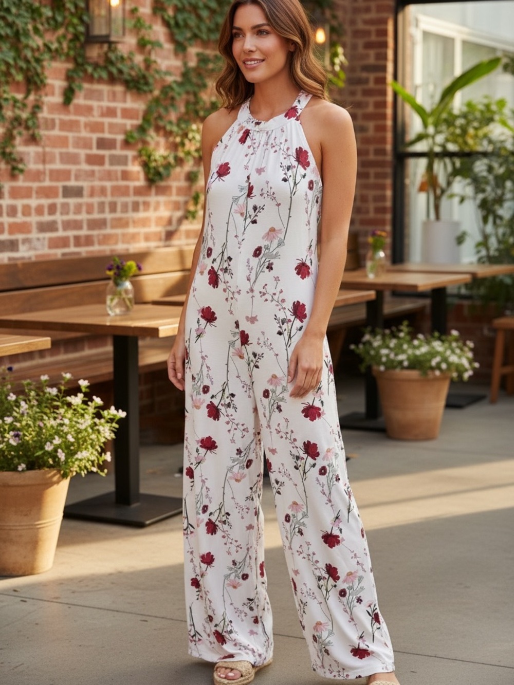 Floral Halter Wide-Leg Jumpsuit - White with Red Floral